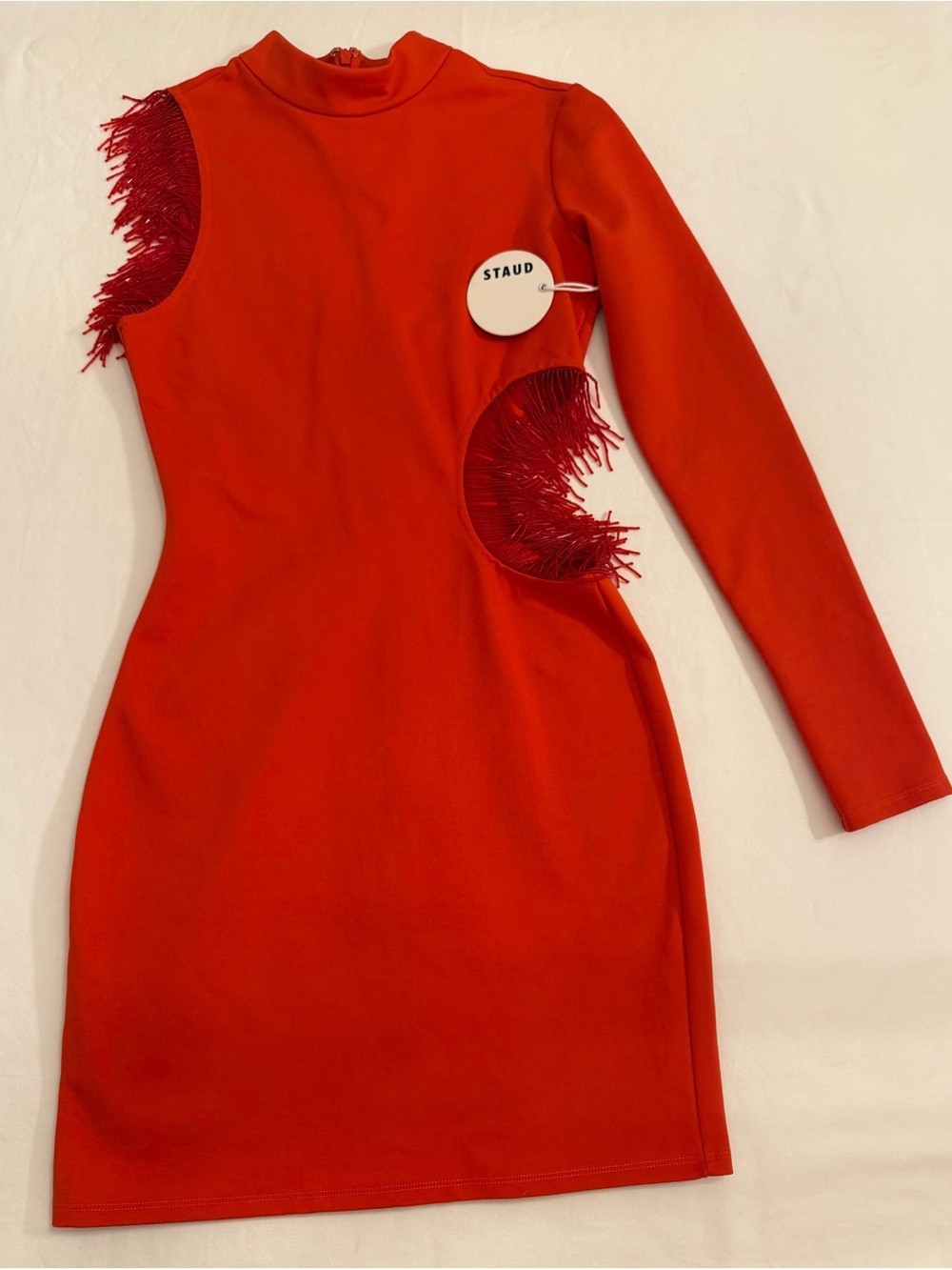 STAUD Mini Kirsten Dress in Fire Red Long-Sleeve with Fringe Cutouts Size Small - Picture 1 of 15